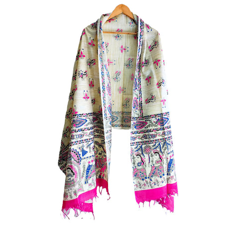 Close-up of Madhubani art print motif pattern on pink cotton silk dupatta