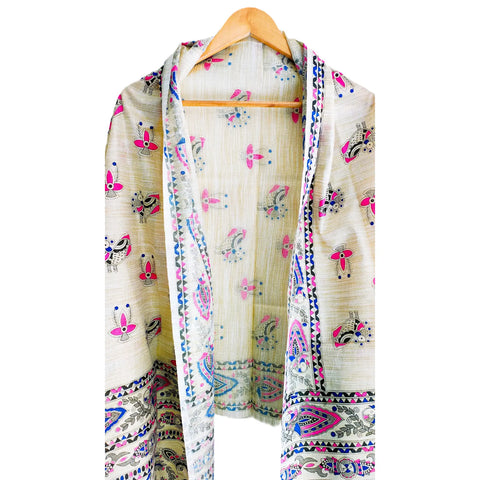 Pink Madhubani art printed cotton silk dupatta — full hanger display view