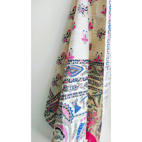 Pink printed Madhubani dupatta draped over ethnic outfit — traditional fashion