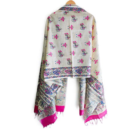 Close-up of Madhubani art print motif pattern on pink cotton silk dupatta