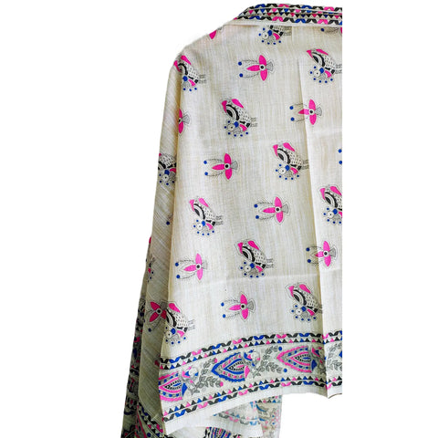 Pink Madhubani art printed cotton silk dupatta — full hanger display view
