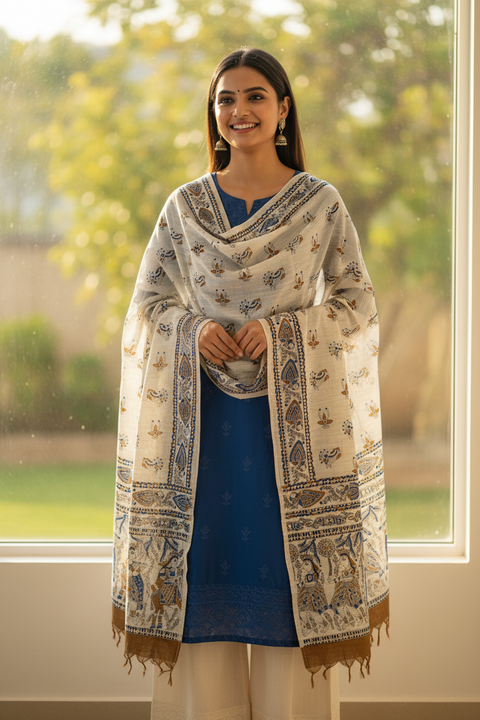 Brown Madhubani Art Printed Cotton Silk Dupatta