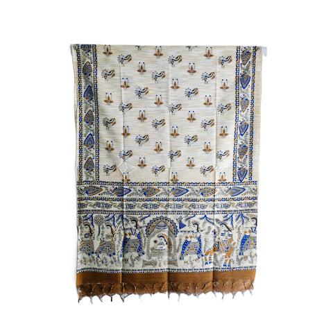 Brown Madhubani art printed cotton silk dupatta — full flat display view