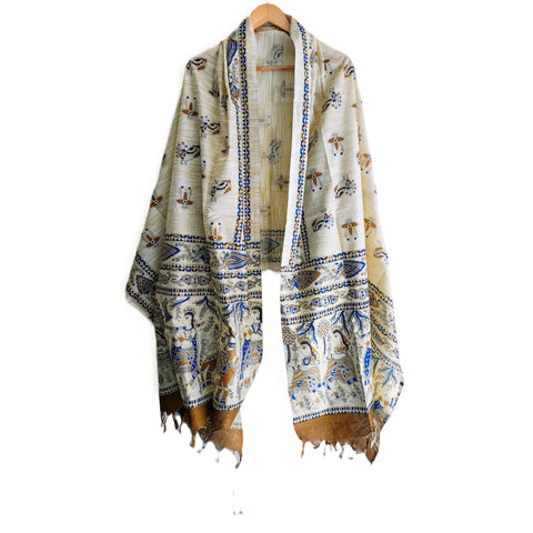 Brown Madhubani printed dupatta draped — earthy tones traditional Indian wear