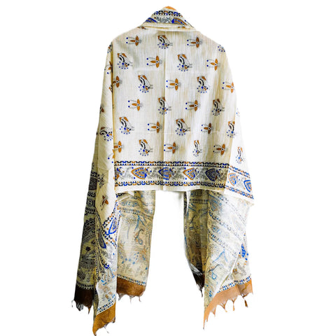 Detailed view of Madhubani art print motifs on brown cotton silk dupatta