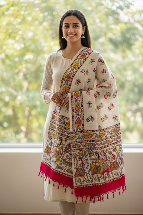 Red Madhubani Art Printed Cotton Silk Dupatta