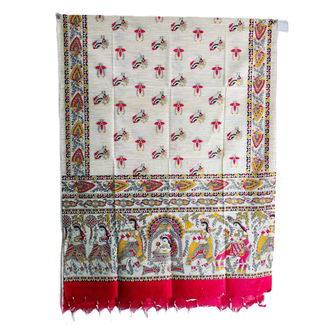 Red Madhubani art printed cotton silk dupatta — full hanger display