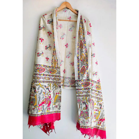 Red Madhubani printed dupatta draped over kurta — festive ethnic styling