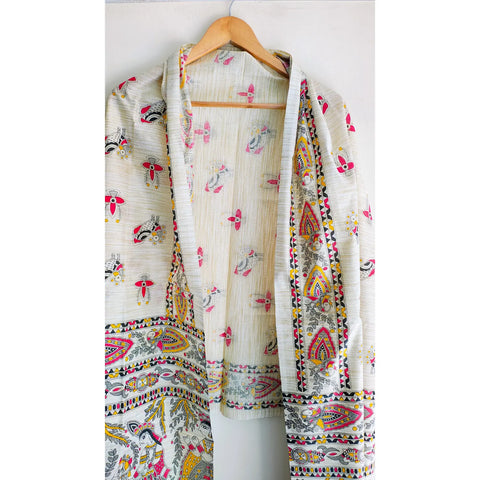 Close-up of Madhubani print pattern on vibrant red cotton silk dupatta