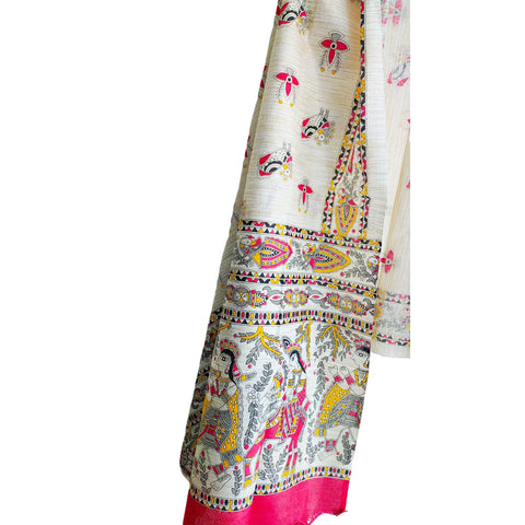 Red Madhubani art printed cotton silk dupatta — full hanger display