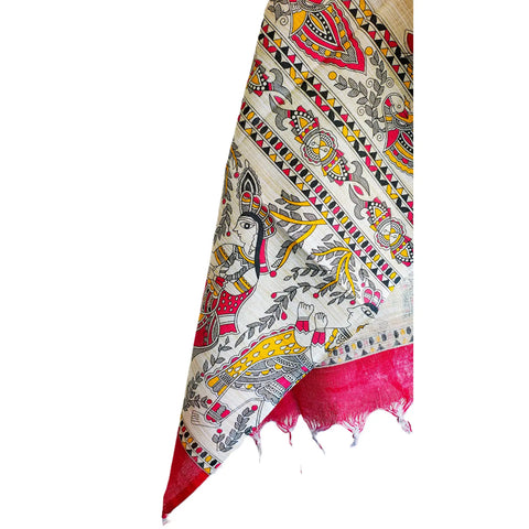 Close-up of Madhubani print pattern on vibrant red cotton silk dupatta