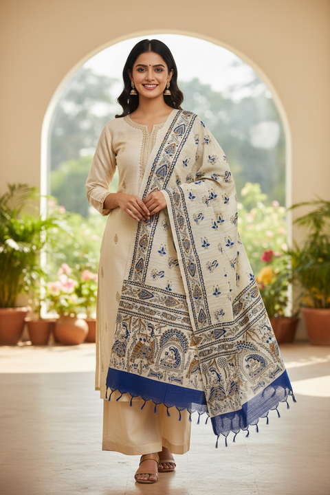 Blue Madhubani Art Printed Cotton Silk Dupatta