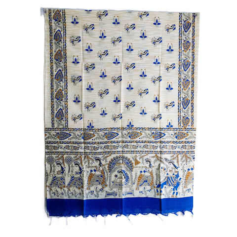 Blue Madhubani art printed cotton silk dupatta — full flat display view