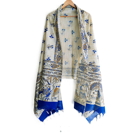 Blue printed Madhubani dupatta draped — traditional Indian art ethnic wear