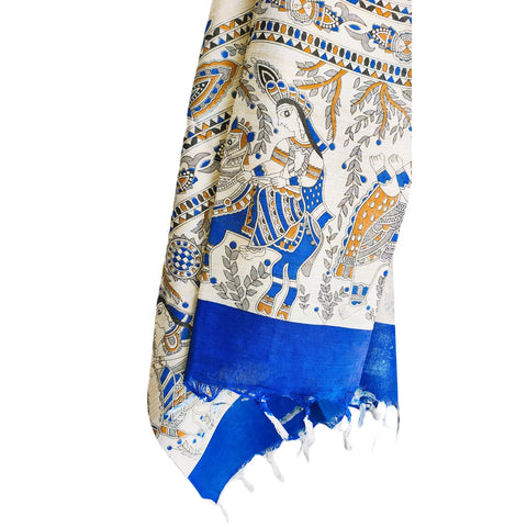 Detailed Madhubani print motif close-up on blue cotton silk dupatta