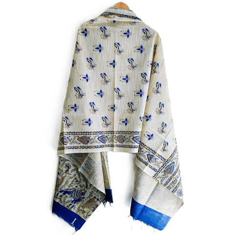 Blue Madhubani art printed cotton silk dupatta — full flat display view