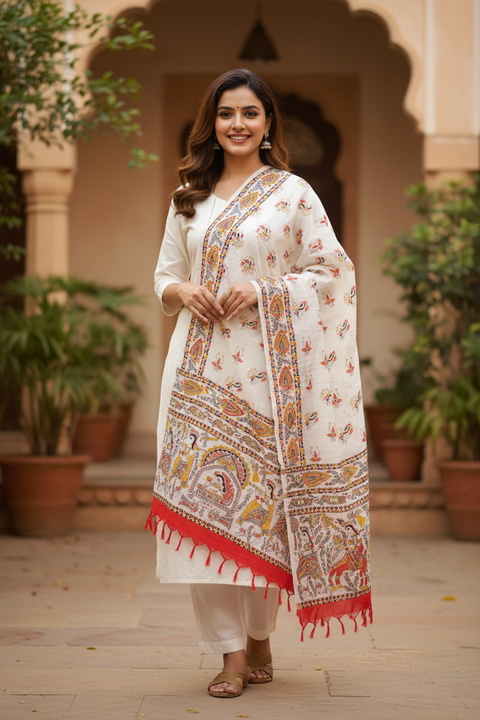 Orange Madhubani Art Printed Cotton Silk Dupatta