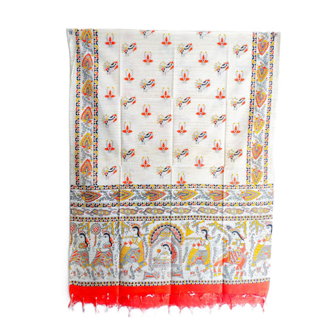 Orange Madhubani art printed cotton silk dupatta — full hanger view
