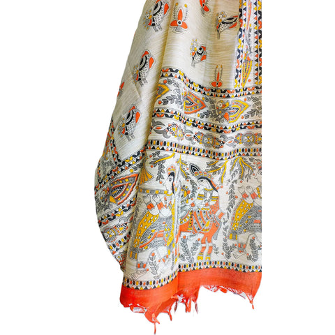 Close-up of Madhubani print pattern on orange cotton silk dupatta