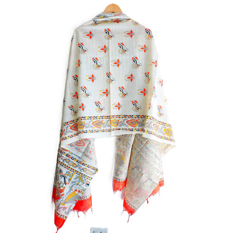 Orange Madhubani art printed cotton silk dupatta — full hanger view