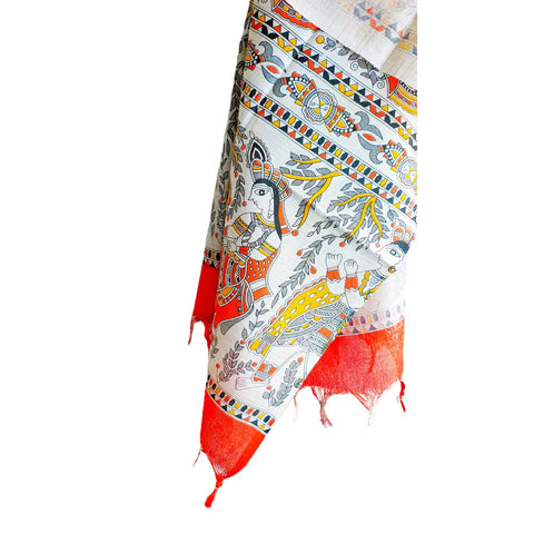 Orange Madhubani printed dupatta draped over ethnic outfit — vibrant styling