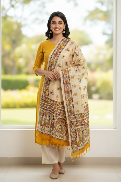 Mustard Madhubani Art Printed Cotton Silk Dupatta