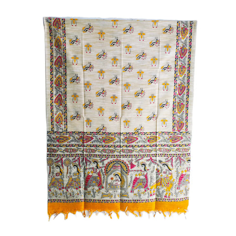 Mustard Madhubani art printed cotton silk dupatta — full flat display