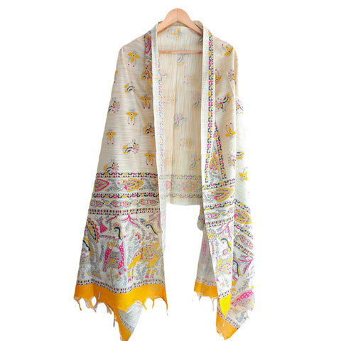 Mustard printed Madhubani dupatta draped — traditional Indian art fashion wear