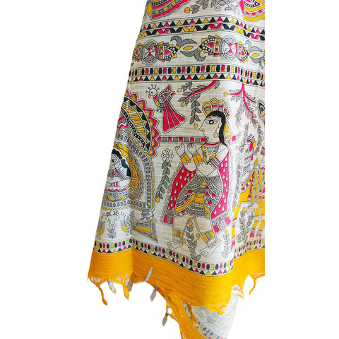 Detailed view of Madhubani print motifs on mustard yellow cotton silk dupatta