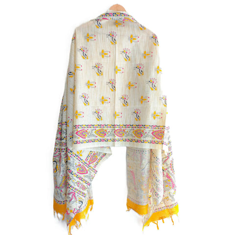 Mustard Madhubani art printed cotton silk dupatta — full flat display