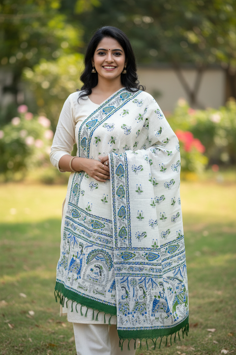 Green Madhubani Art Printed Cotton Silk Dupatta