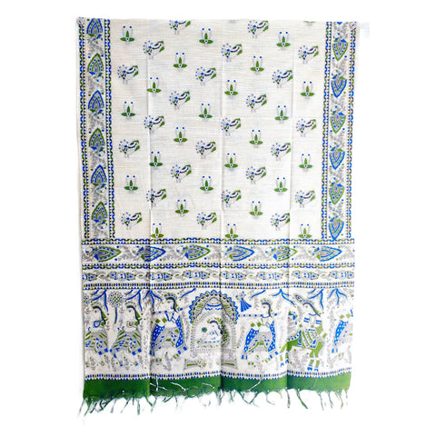 Green Madhubani art printed cotton silk dupatta — full hanger display view