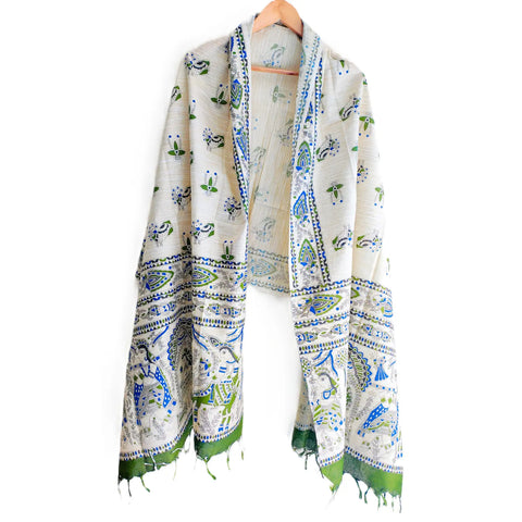 Green Madhubani printed dupatta draped over kurta — ethnic fashion styling