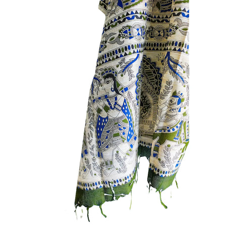 Close-up of Madhubani art print design on green cotton silk dupatta