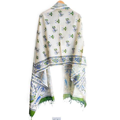 Green Madhubani art printed cotton silk dupatta — full hanger display view