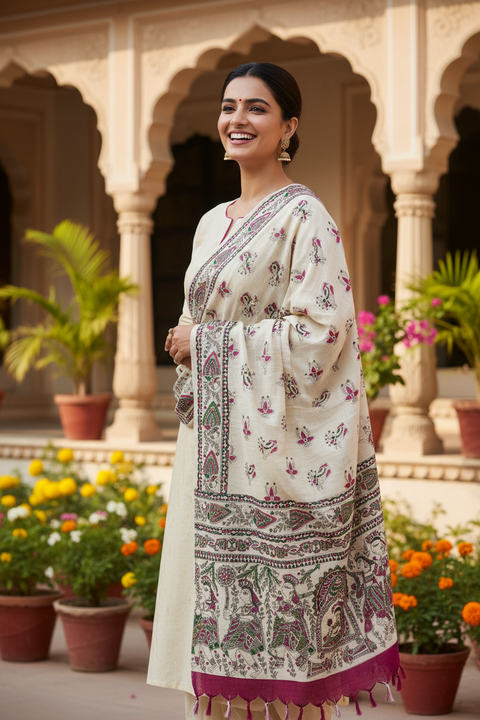 Purple Madhubani Art Printed Cotton Silk Dupatta