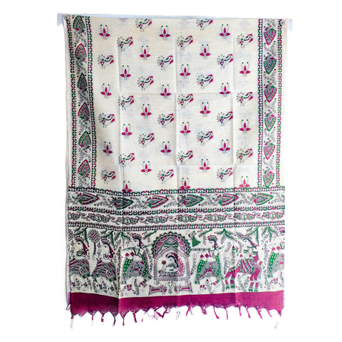 Purple Madhubani art printed cotton silk dupatta — full flat display view