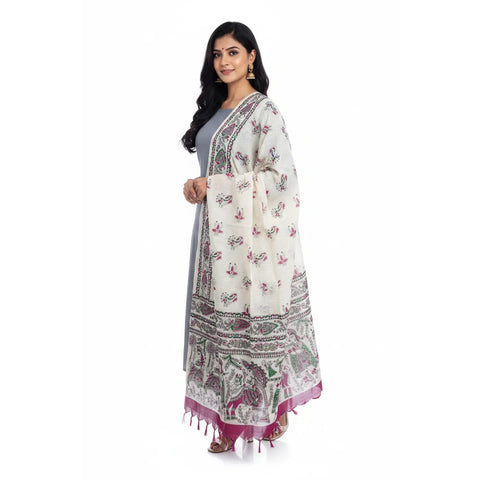 Purple Madhubani Art Printed Cotton Silk Dupatta