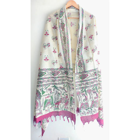 Purple Madhubani printed dupatta draped — elegant traditional Indian art wear