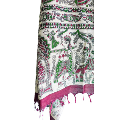 Detailed Madhubani print motif on purple cotton silk dupatta close-up