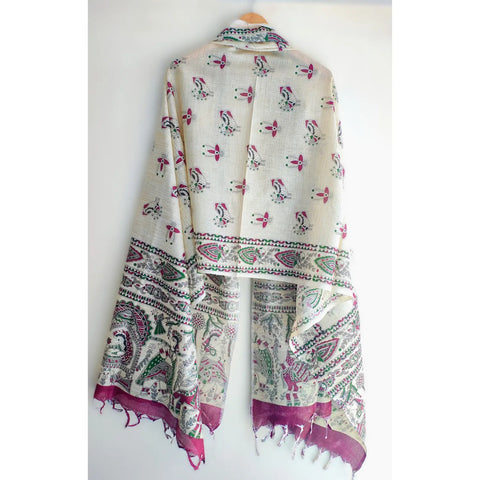 Purple Madhubani art printed cotton silk dupatta — full flat display view