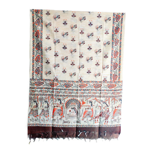 Royal Blue Madhubani art printed khadi silk dupatta — full hanger display view