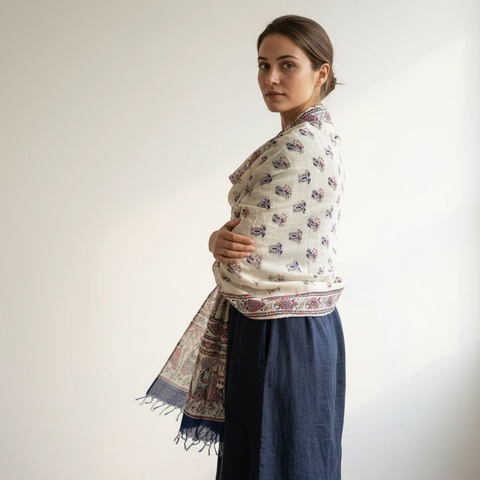 Royal Blue printed Madhubani dupatta draped over ethnic outfit — traditional fashion