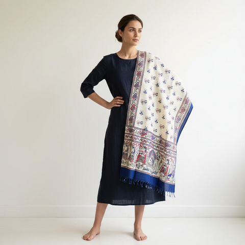 Royal Blue printed Madhubani dupatta draped over ethnic outfit — traditional fashion