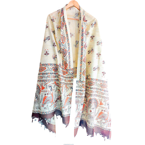Close-up of Madhubani art print motif pattern on royal blue khadi silk dupatta