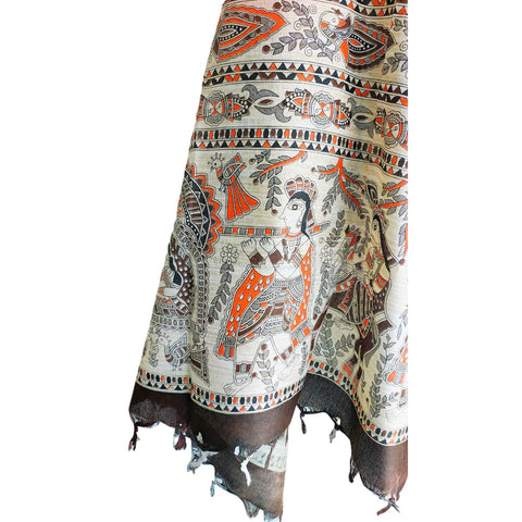 Close-up of Madhubani art print motif pattern on royal blue khadi silk dupatta