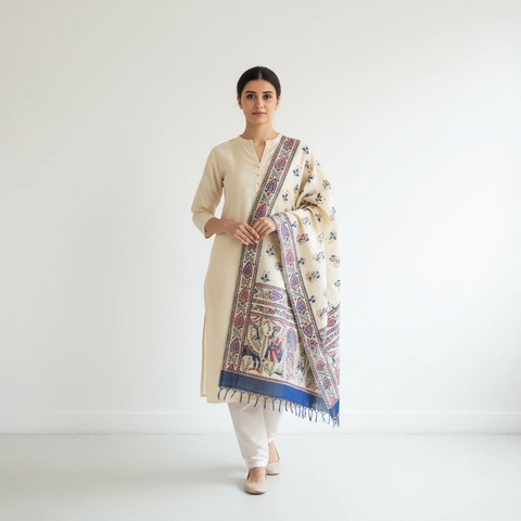 Royal Blue printed Madhubani dupatta draped over ethnic outfit — traditional fashion