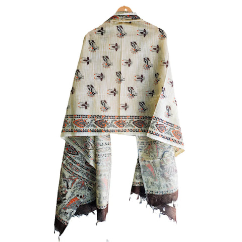 Close-up of Madhubani art print motif pattern on royal blue khadi silk dupatta