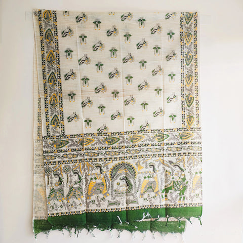 Mehendi Green Madhubani art printed khadi silk dupatta — full hanger display view