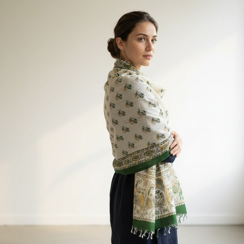 Mehendi Green printed Madhubani dupatta draped over ethnic outfit — traditional fashion